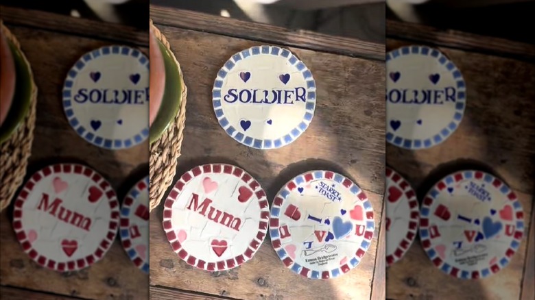 DIY mosaic coasters out of mug pieces that say soldier and mum.