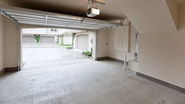 Inside view of a garage with a concrete floor