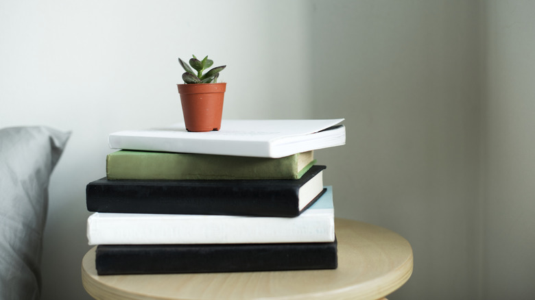 A stack of black, white, and green books with a potted plant sitting atop.