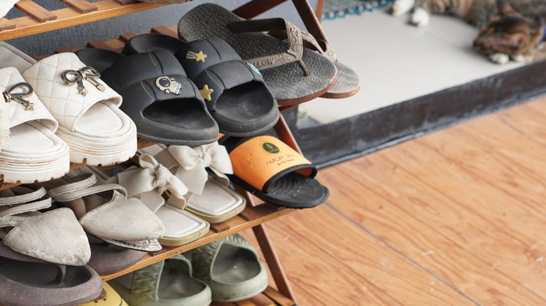 A wood accordion shoe organizer.