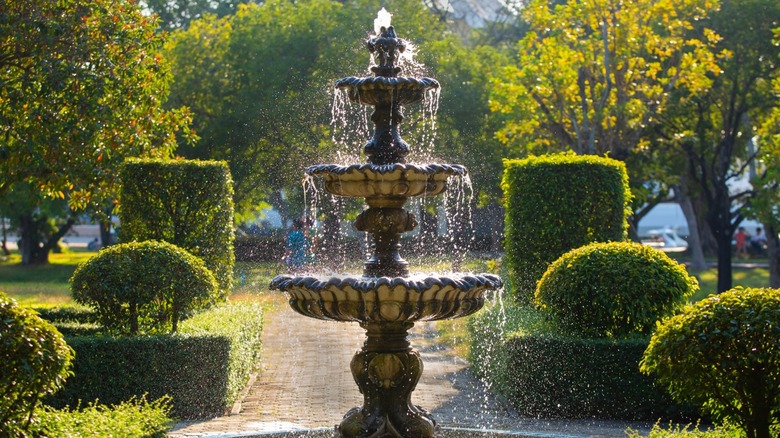 A tiered fountain is surrounded by pruned evergreens