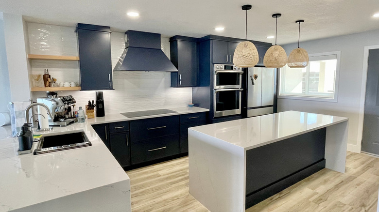 kitchen with dark blue accents