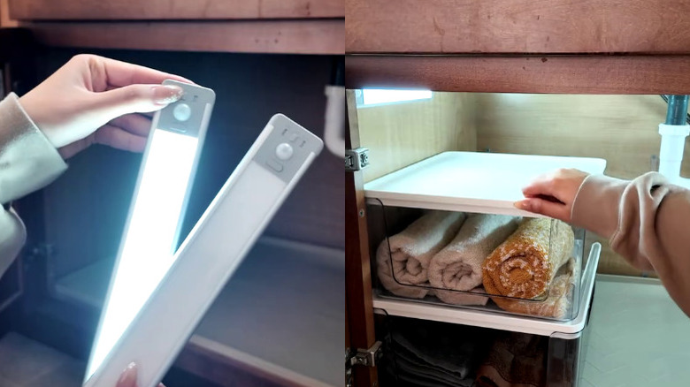 Before-and-after shots of lights being installed under a sink