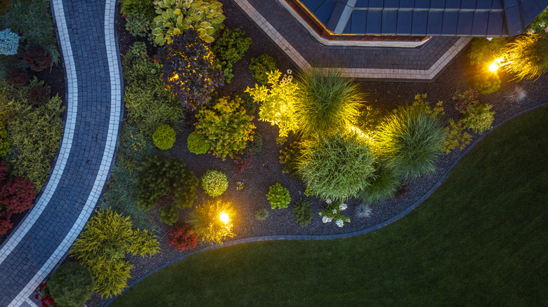 Top-down view of home garden with lights