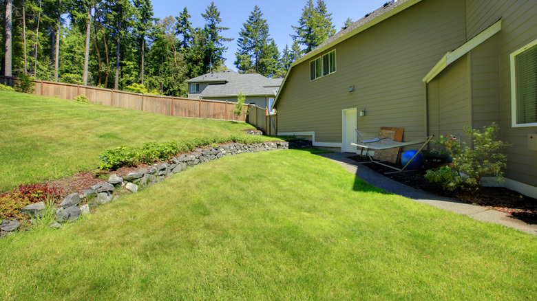 A suburban home as a sloped back yard.