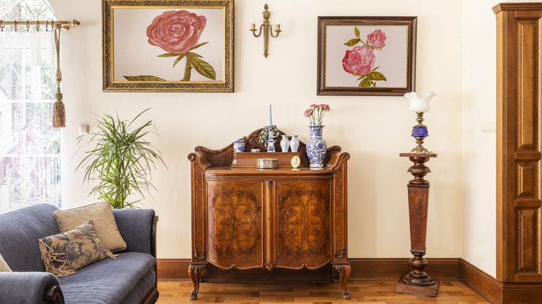 A living room with outdated decor