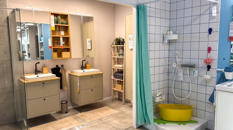 IKEA bathroom showroom with double sinks and shower, home renovation, Scandinavian design