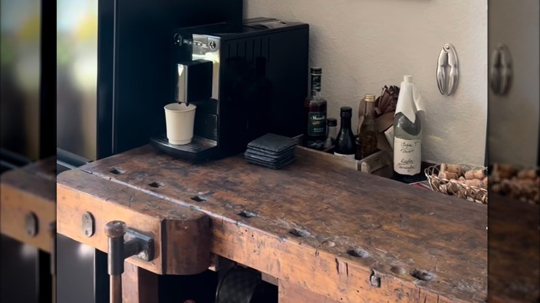 close up of workbench surface as a coffee bar in kitchen