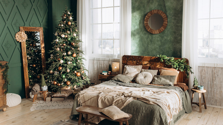 green bedroom decorated for Christmas