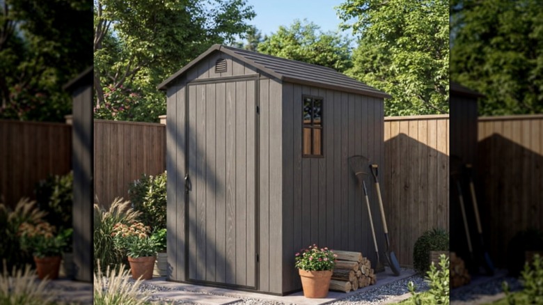 Homall Plastic Outdoor Storage Shed in a fenced backyard.