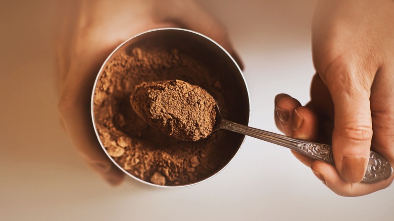 Person holding tablespoon of cinnamon
