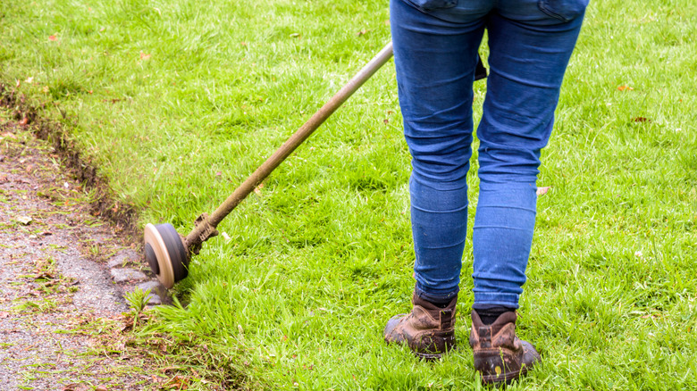woman trimming edge of grass