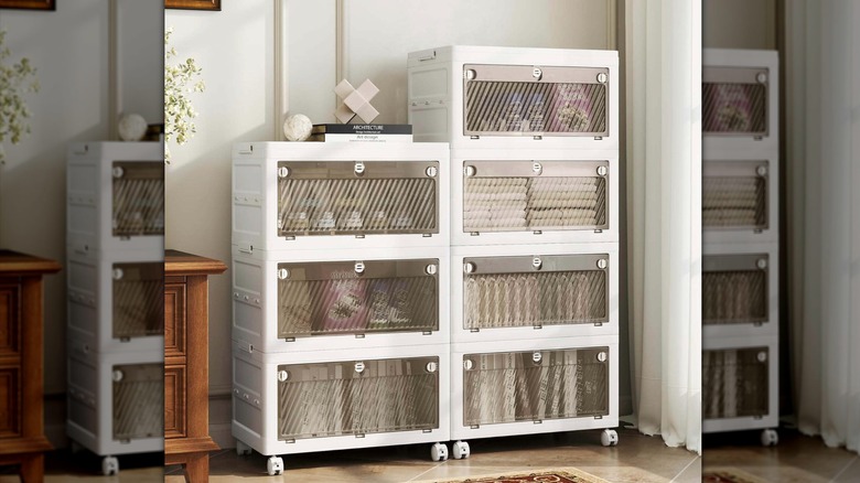 4-tier stacking bins in a living space
