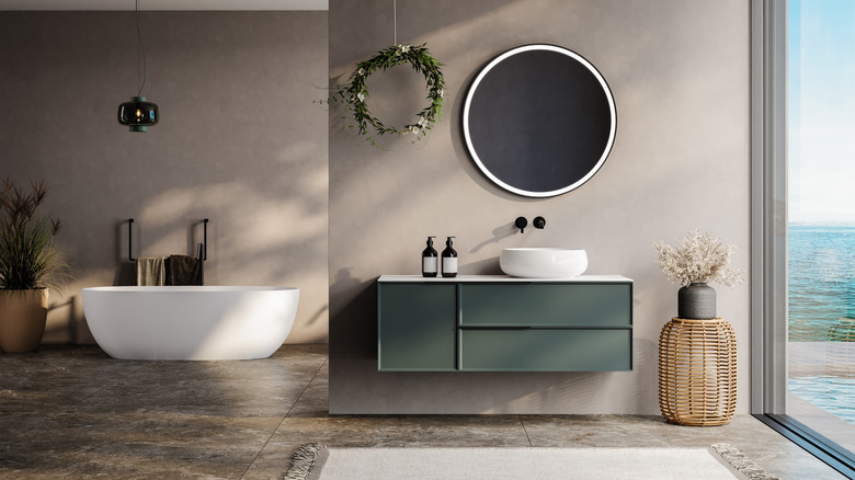 Serene bathroom with grass cloth style wallpaper