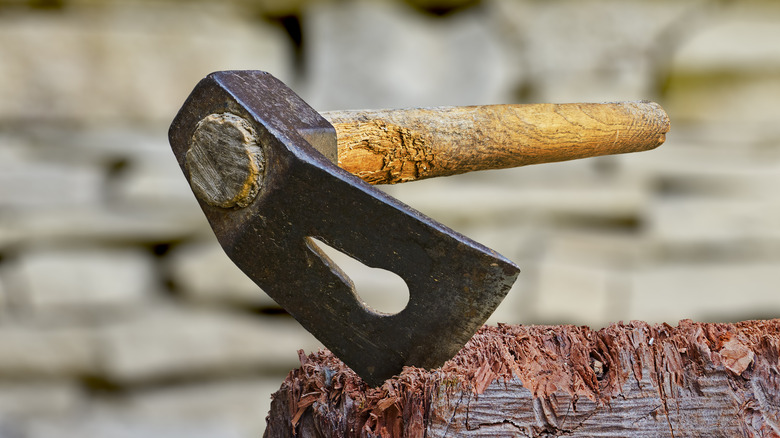adze tool stuck in a stump