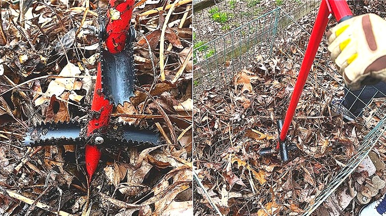 Split image of a red metal compost aerator with black serrated wings being used on a compost pile, and a look at the compost aerator from the perspective of the user's hands