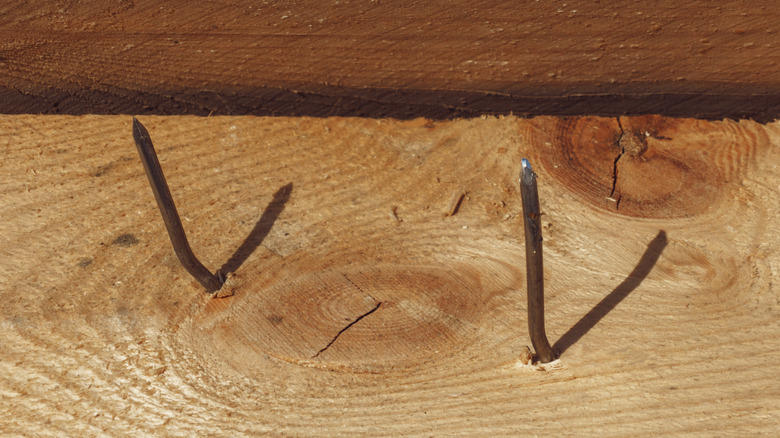 Two nails protruding from a slab of wood.