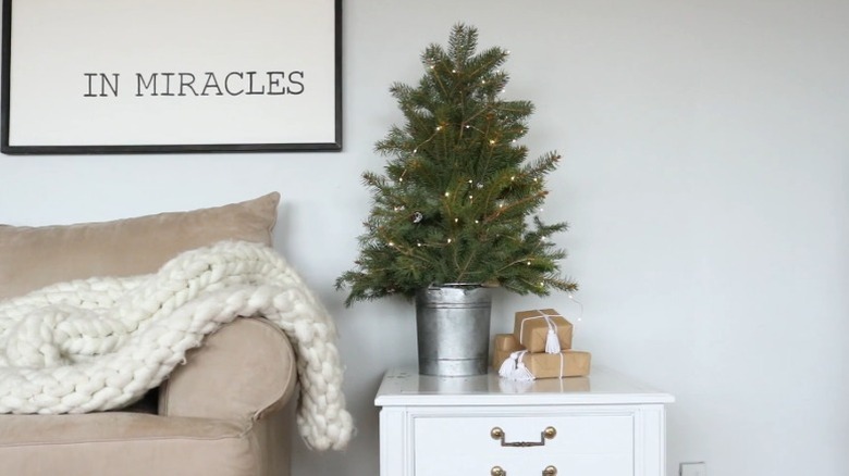 Tabletop Christmas tree in metal bucket