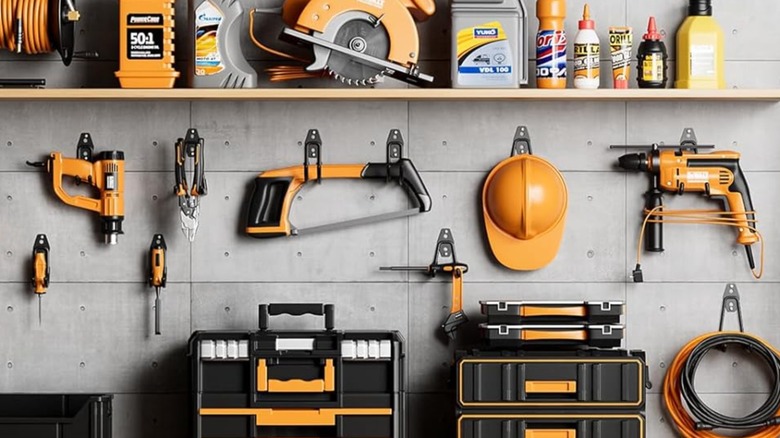 Garage hooks on the wall holding tools and accessories.