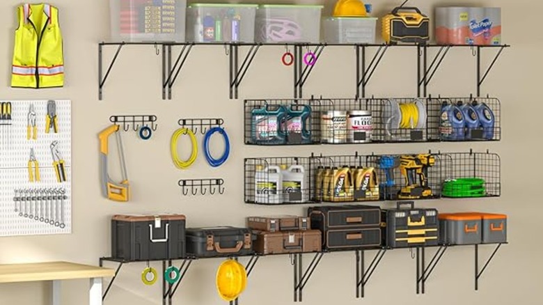 Shelf, hook, and basket organization system on a wall.
