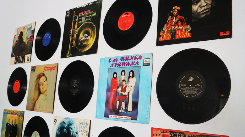 Vinyl records displayed on a wall