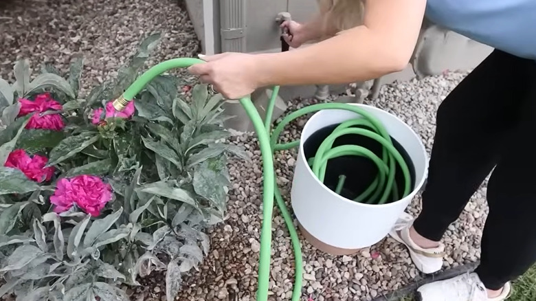Person watering flowers with a hose that's being stored in a large Dollar Tree flower pot.
