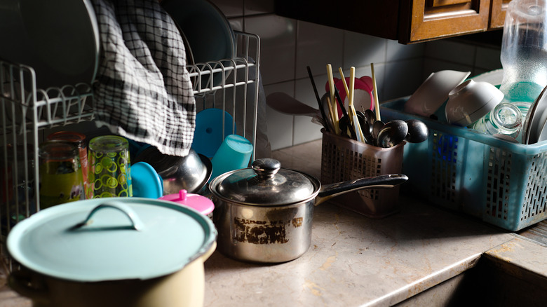 Cluttered kitchen counters.