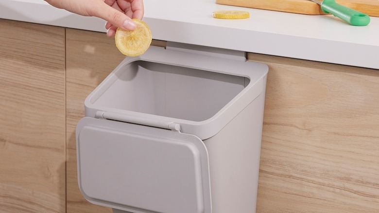 Placing an end slice of fruit into the IKEA SKOLÄST hanging over lower cabinet