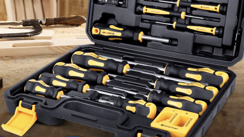 A large screwdriver set with a plastic carrying case