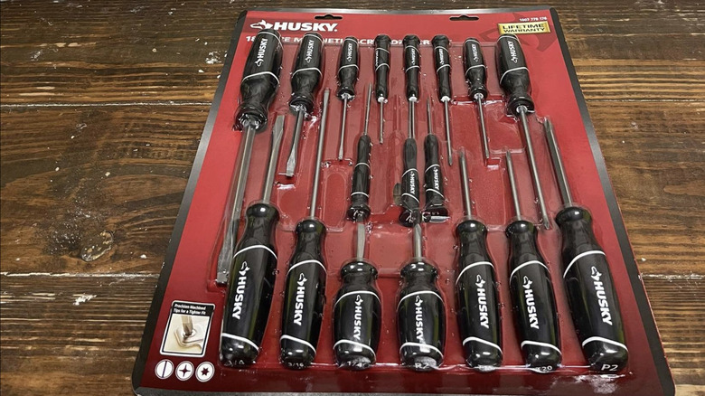 A set of magnetic Husky screwdrivers in the package on a table