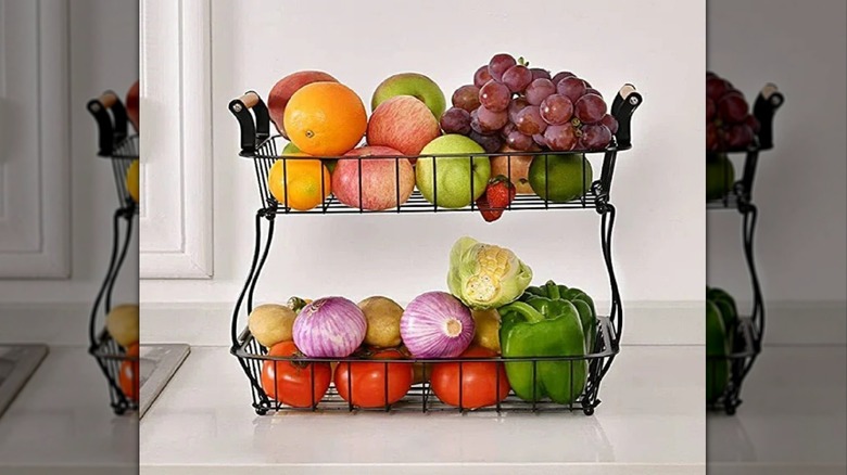 Baskets filled with fruit sitting on a counter