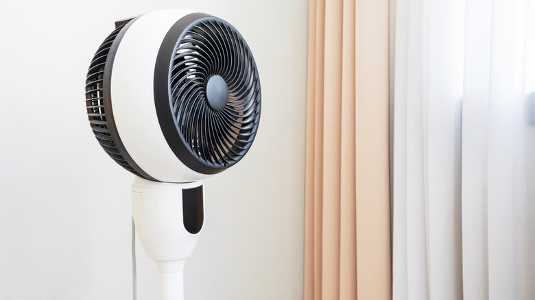 tall electric fan in a small room