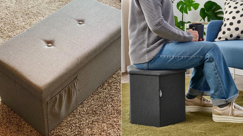 Split image with ALDI Storage Ottoman in Light Gray on the left and IKEA KJUGE Ottoman with storage, Knisa dark gray on the right