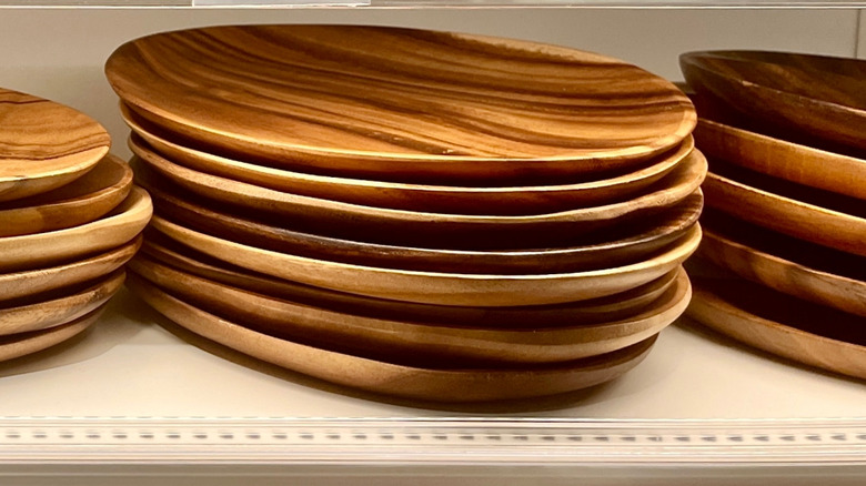 Acacia wood trays in a store