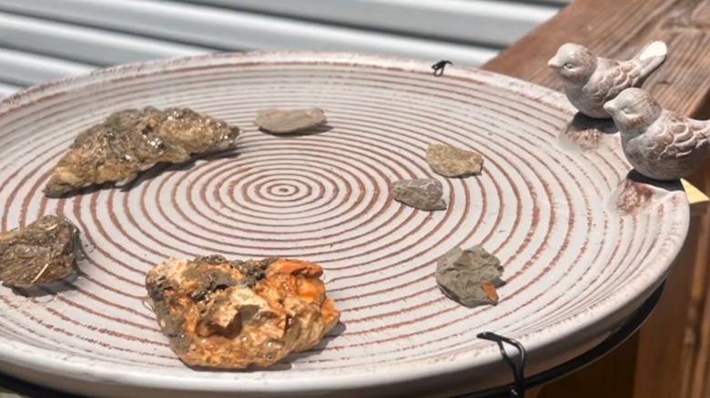 An Aldi bird bath is attached to a deck railing and filled with water an stones.