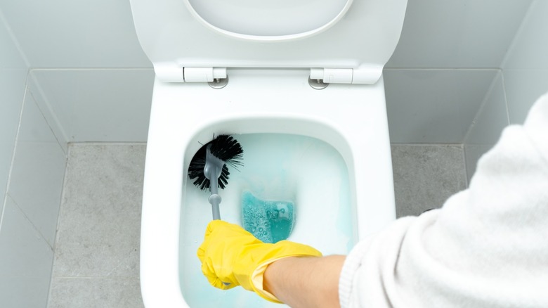A person cleaning toilet bowl with a brush and blue disinfectant in a bathroom