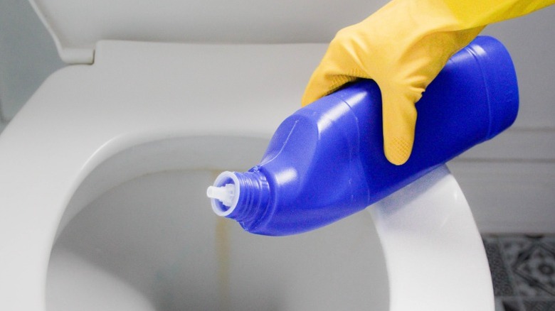 Person applying blue toilet cleaner to a toilet bowl with yellow gloves.