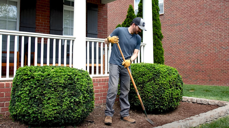 man making stone wall flower garden