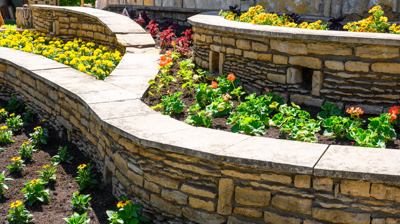 stone wall flower beds