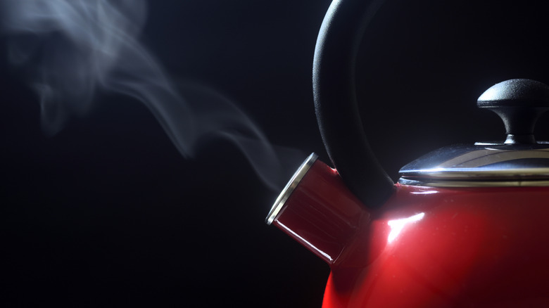 A red kettle is releasing steam