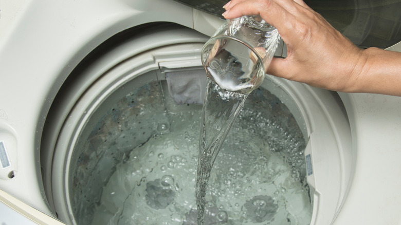 A woman's hand is shown pouring a cup of vinegar into the tub of a washing machine