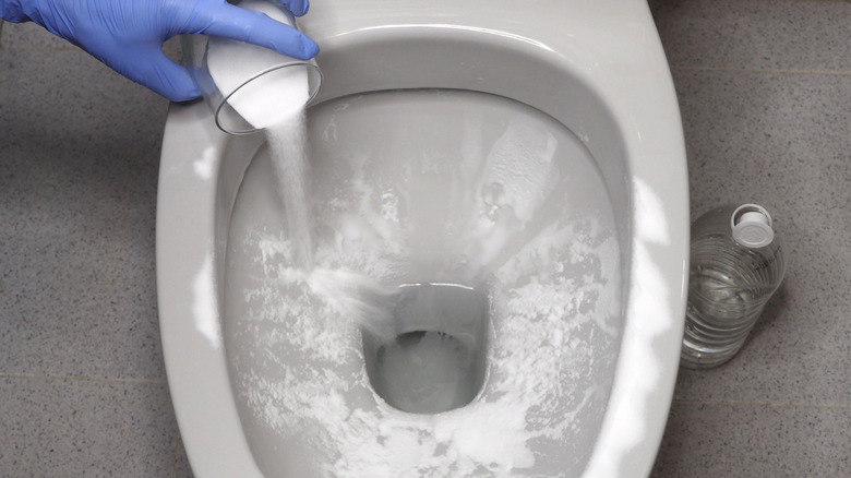 person pouring baking soda into toilet