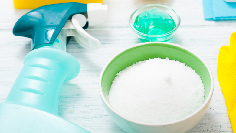 A dish of borax sitting alongside a spray bottle, gel, and gloves
