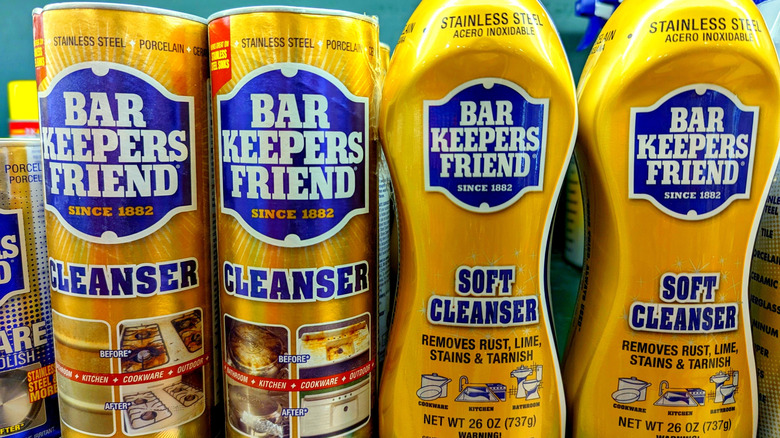 Bar Keepers Friend products sitting on a store shelf.