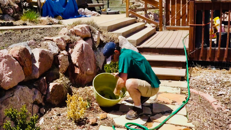 Man cleans a large planter pot/