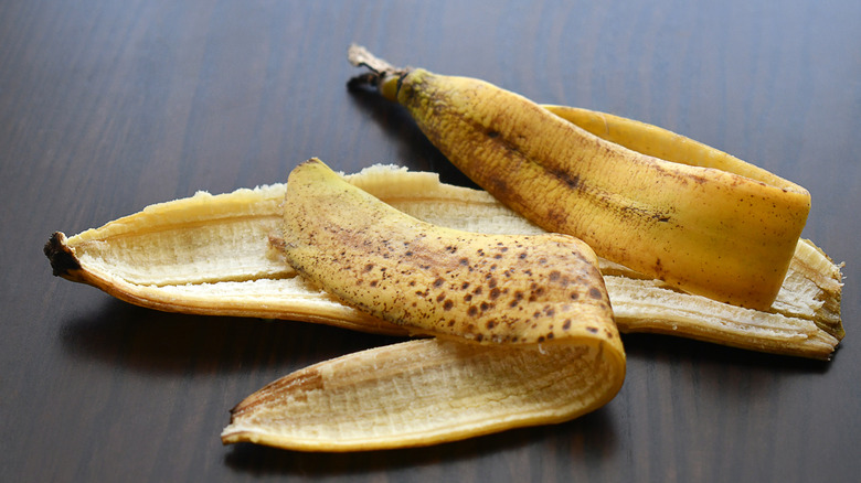 Close up of banana peel on table