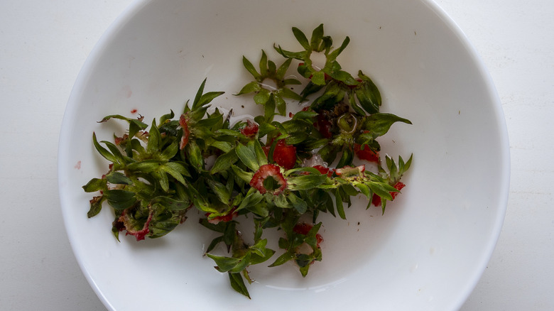 Green strawberry tops are laying in a white bowl on a white background