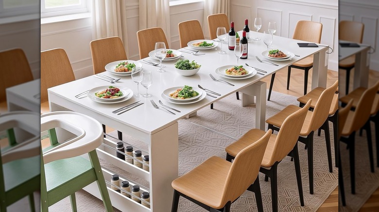 white Kikihouse extendable dining table with small containers on shelves