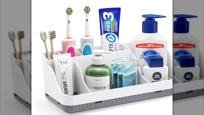 Bathroom storage organizer with a variety of everyday hygiene essentials