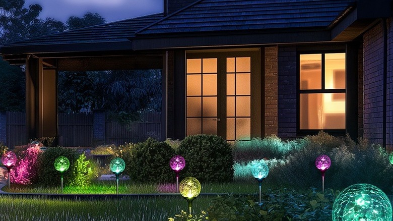 LED ball lights illuminating the exterior of a house